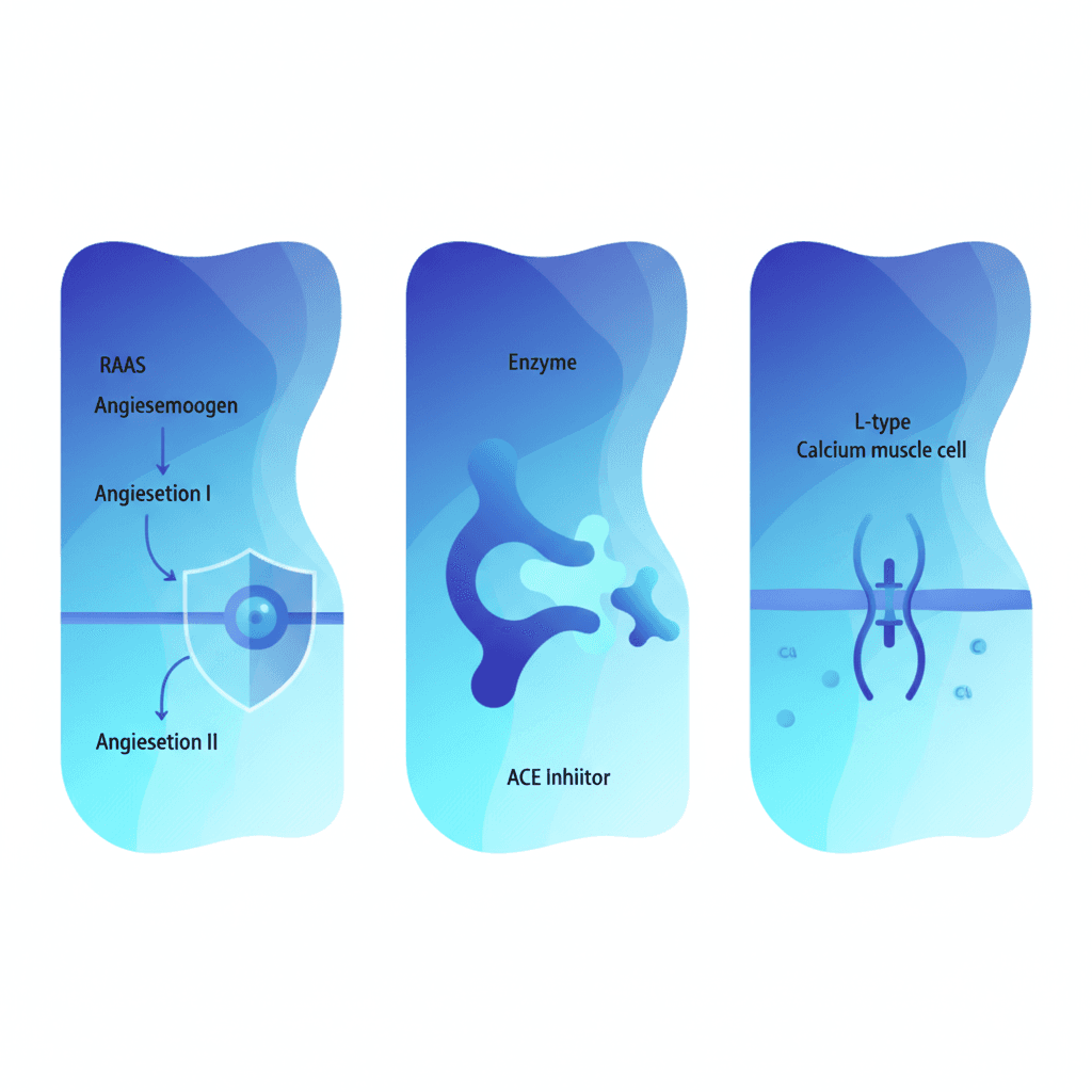 세 가지 고혈압 약물 계열의 작용 기전을 나란히 비교한 도식