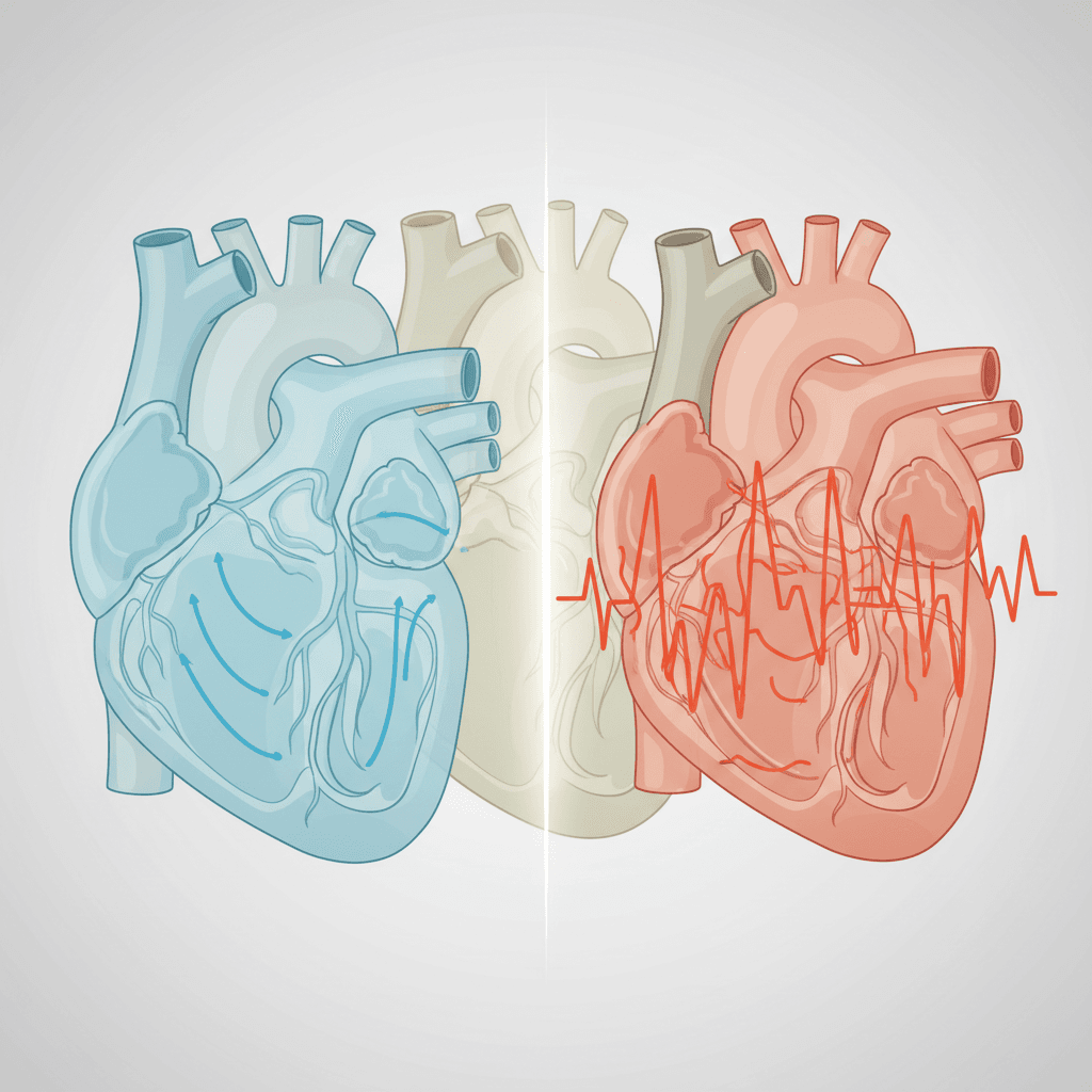 심방세동 발생 기전을 보여주는 심장 해부도: 정상 심박과 심방세동의 전기 신호 비교
