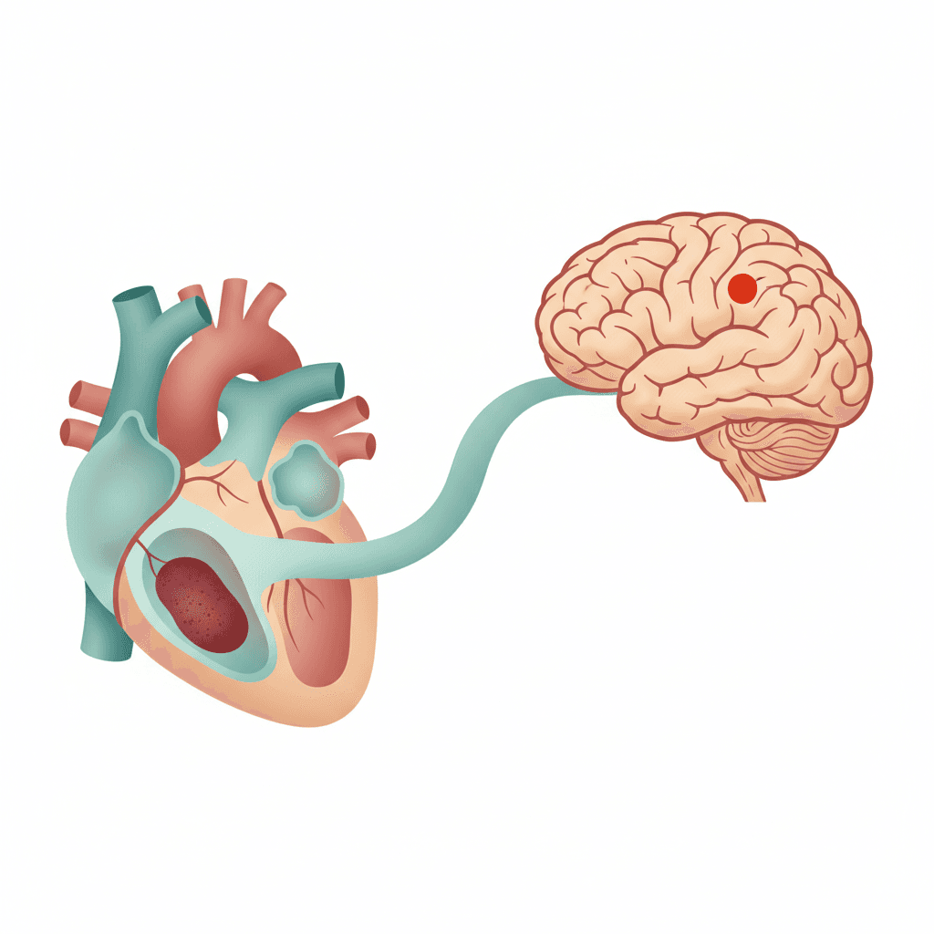 좌심방이(LAA)에서 혈전이 형성되어 뇌로 이동하는 경로를 나타낸 의학 일러스트
