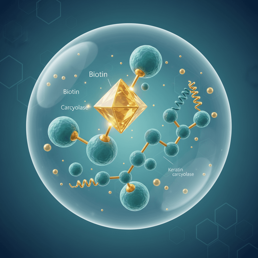 비오틴의 체내 대사 경로를 보여주는 개념도, 카르복실라제 효소와 케라틴 합성의 연결 관계