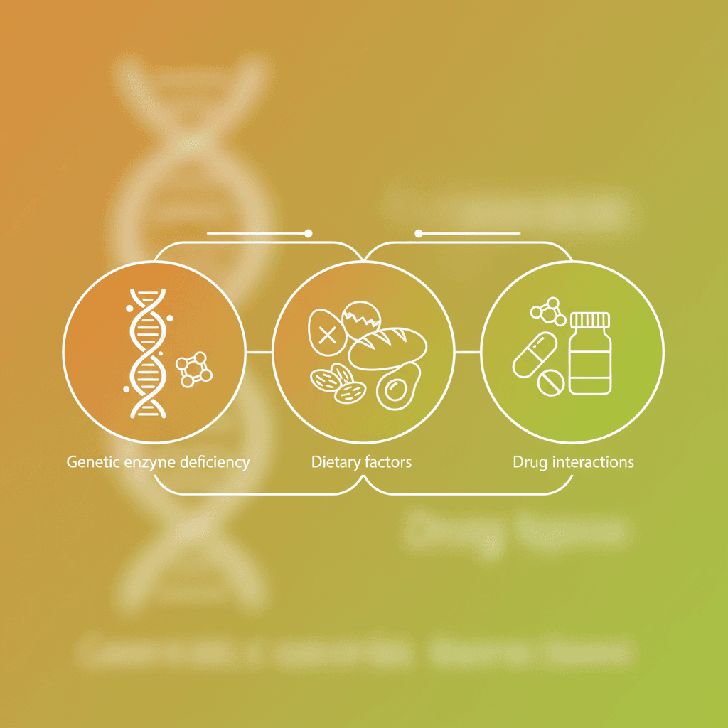 비오틴 결핍 위험 요인 인포그래픽: 유전적 효소 결핍, 식이 요인, 약물 상호작용
