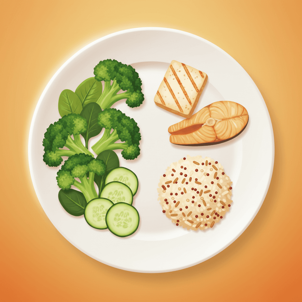 혈당 스파이크 예방을 위한 식사 구성 예시: 채소(비전분성), 생선 또는 두부, 현미밥 배열 일러스트