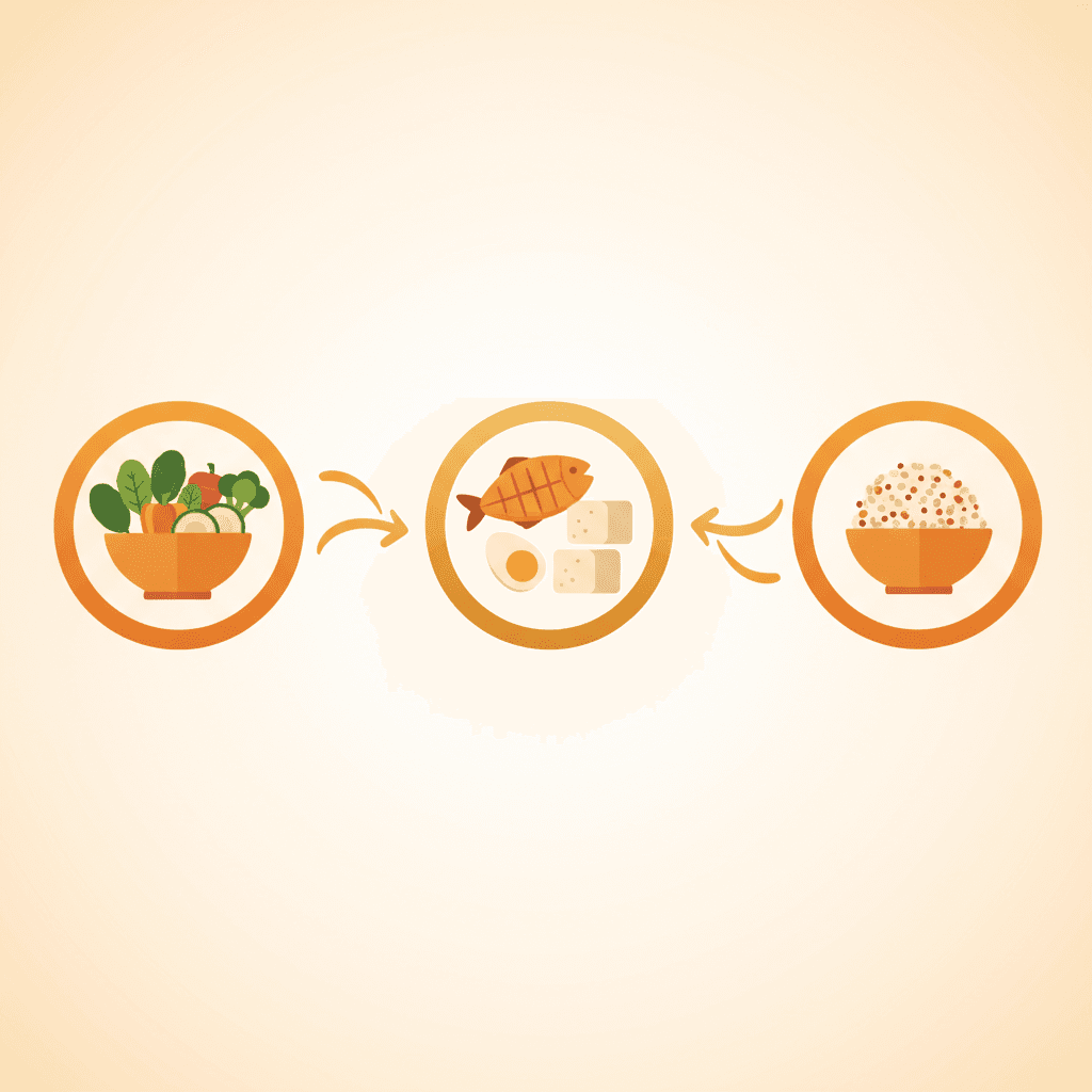 혈당 스파이크 예방 식사 순서 인포그래픽: 단계별 플레이트 구성(채소 먼저, 단백질, 탄수화물 마지막) 및 주의 사항 포함