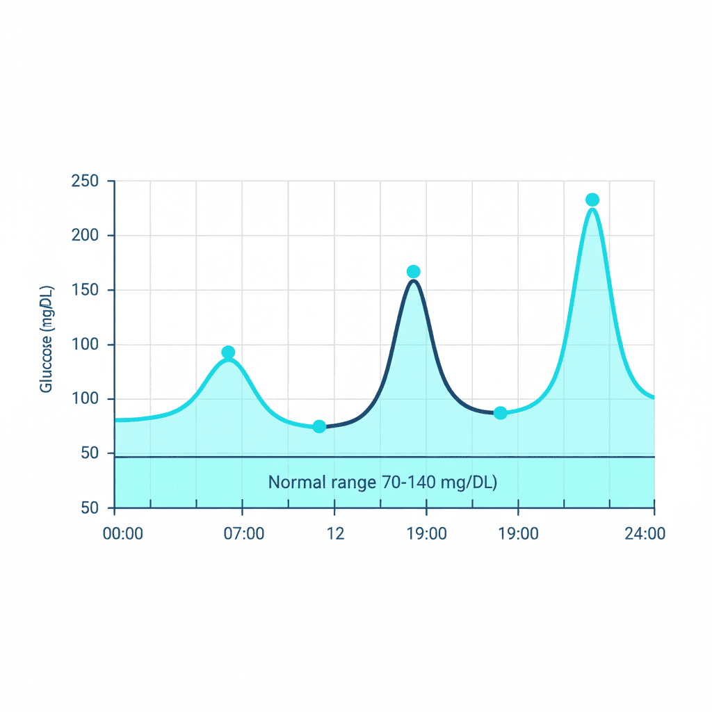 건강한 성인의 하루 연속혈당 측정 그래프, 식사 후 혈당 상승 및 정상 범위 복귀를 보여주는 시각화 이미지