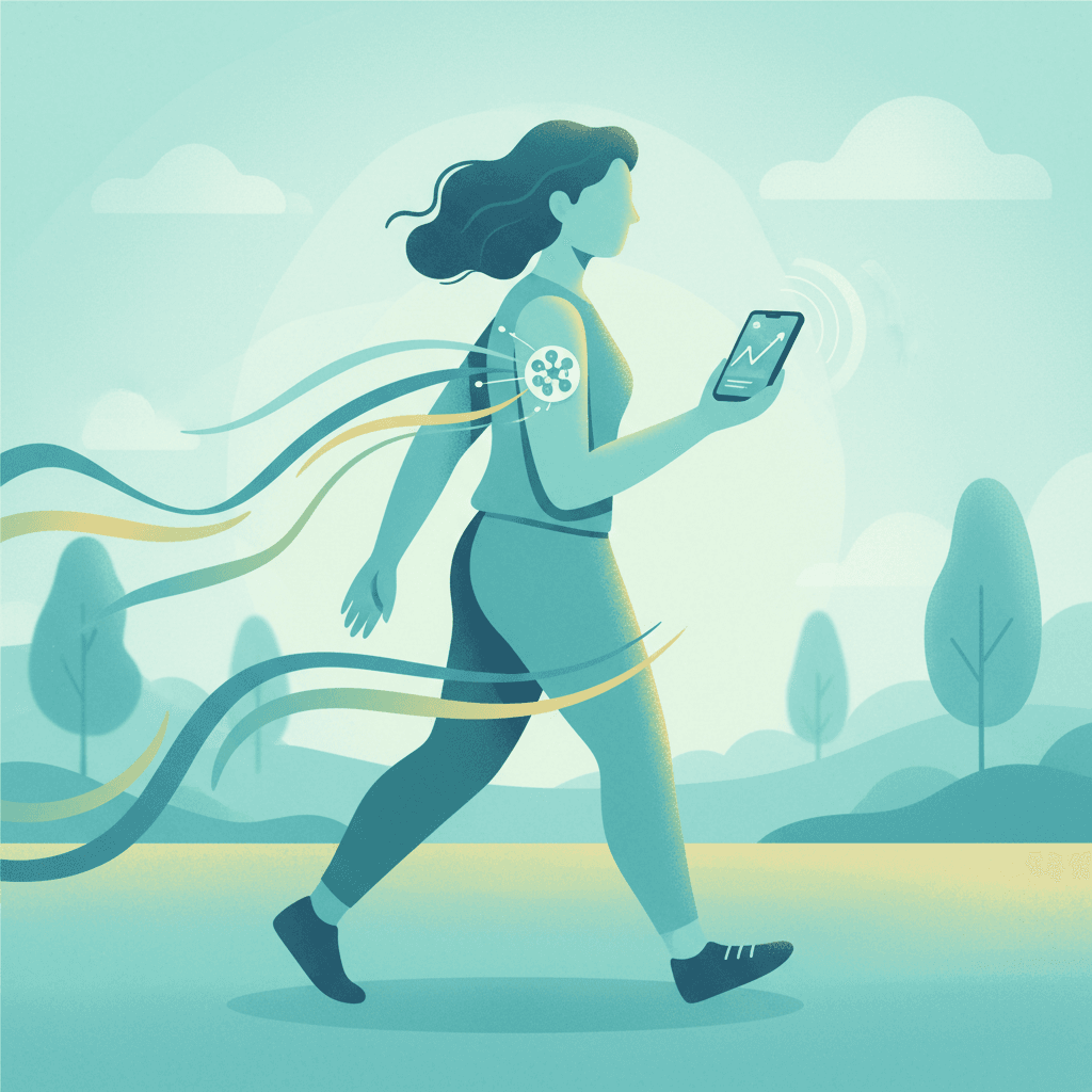 CGM을 착용한 비당뇨인이 식사 후 혈당 반응을 스마트폰 앱으로 확인하며 걷기 운동을 하는 장면