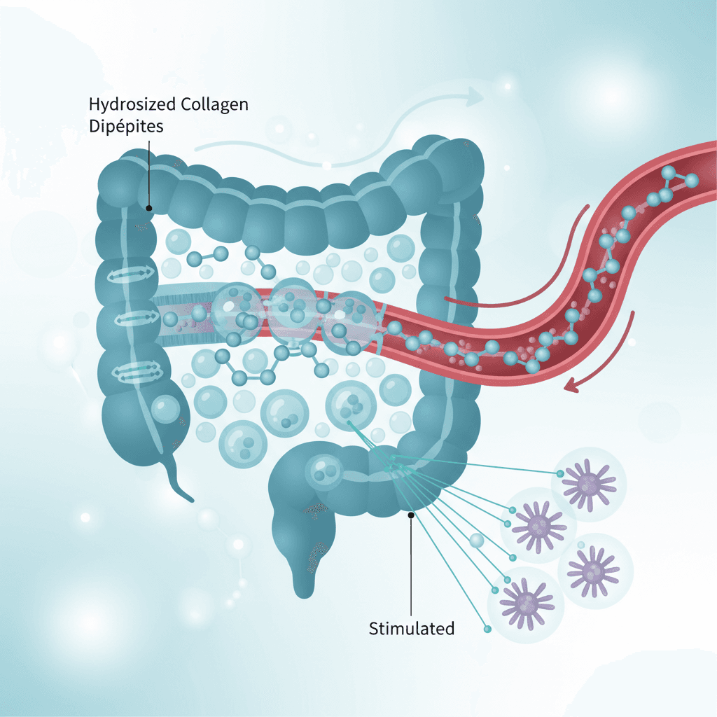 소장 상피세포가 가수분해 콜라겐 디펩타이드·트리펩타이드를 흡수하고 혈류로 이동한 뒤 진피 섬유아세포를 자극하는 과정을 단계별로 보여주는 과학적 다이어그램