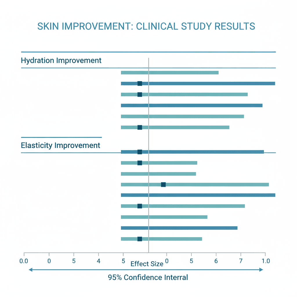 여러 메타분석의 피부 수분 및 탄력 개선 효과 크기(SMD)를 숲 그림(forest plot) 스타일로 정리한 인포그래픽, 자금 출처별 서브그룹 차이를 함께 표시