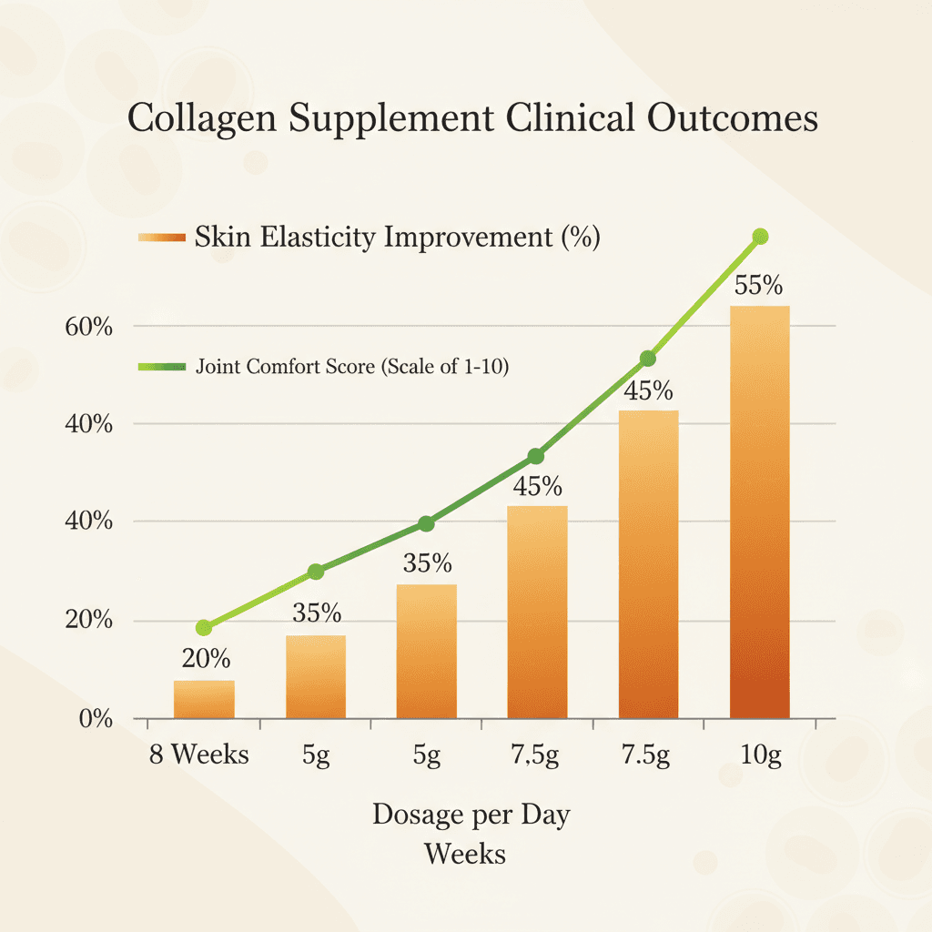가수분해 콜라겐의 하루 용량(1 g, 3.5 g, 10 g)과 복용 기간(8주, 12주, 90일)에 따른 피부 수분·탄력 개선 반응을 정리한 데이터 도표