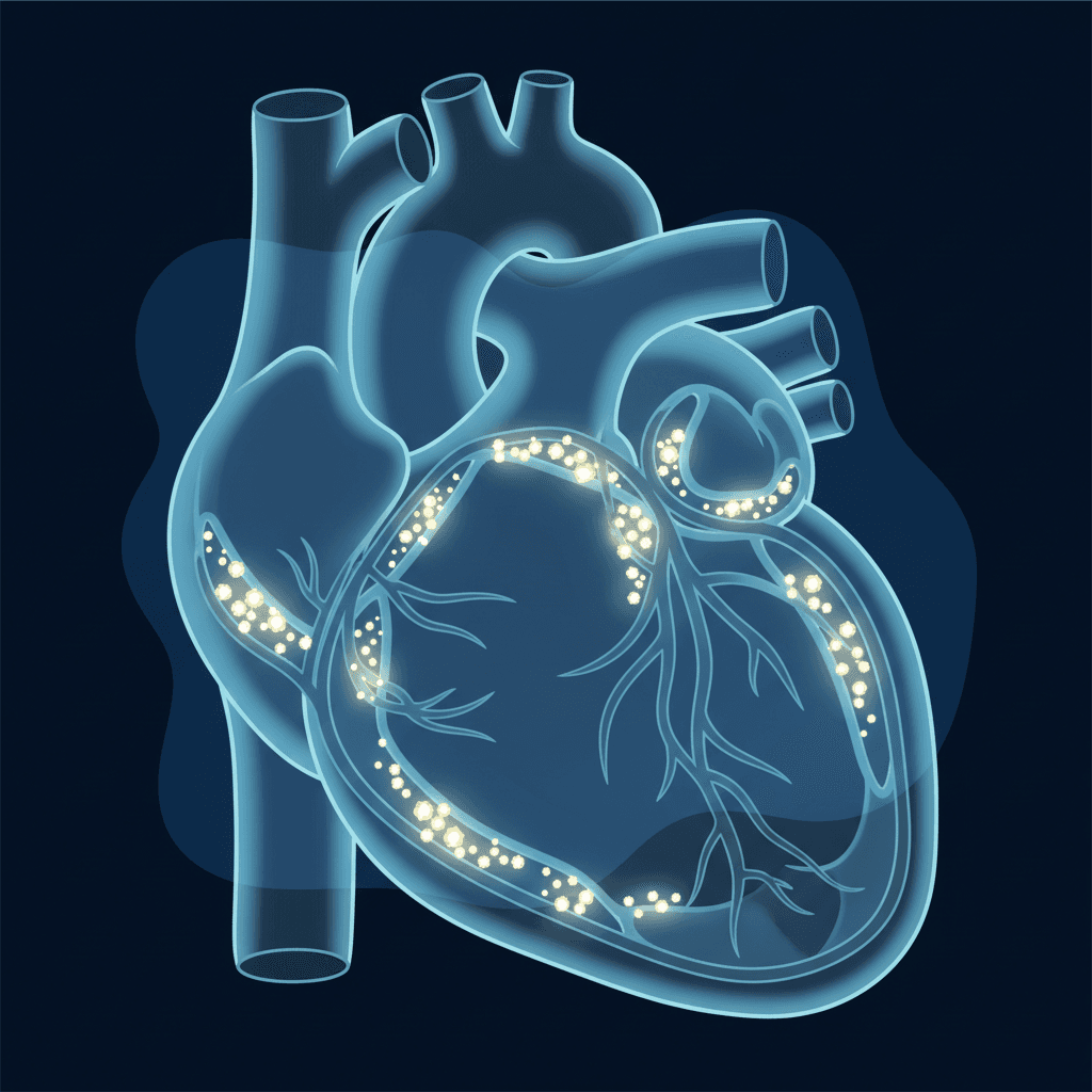 심장 CT 횡단면 영상에서 관상동맥 석회화가 밝게 표시된 예시 이미지