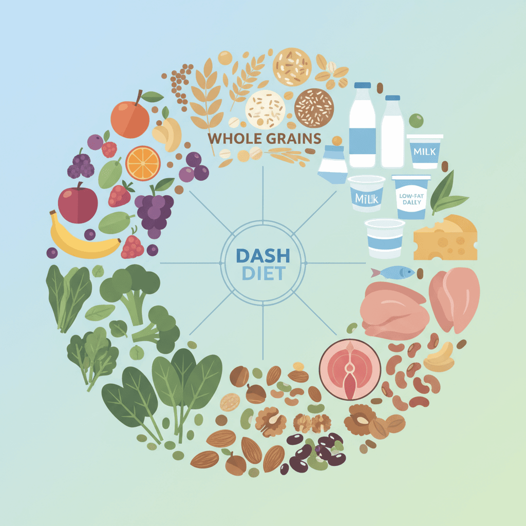 Educational infographic showing the DASH diet food groups: fruits, vegetables, whole grains, low-fat dairy, lean proteins, nuts and legumes, arranged in a clean scientific illustration style with soft blue and green tones