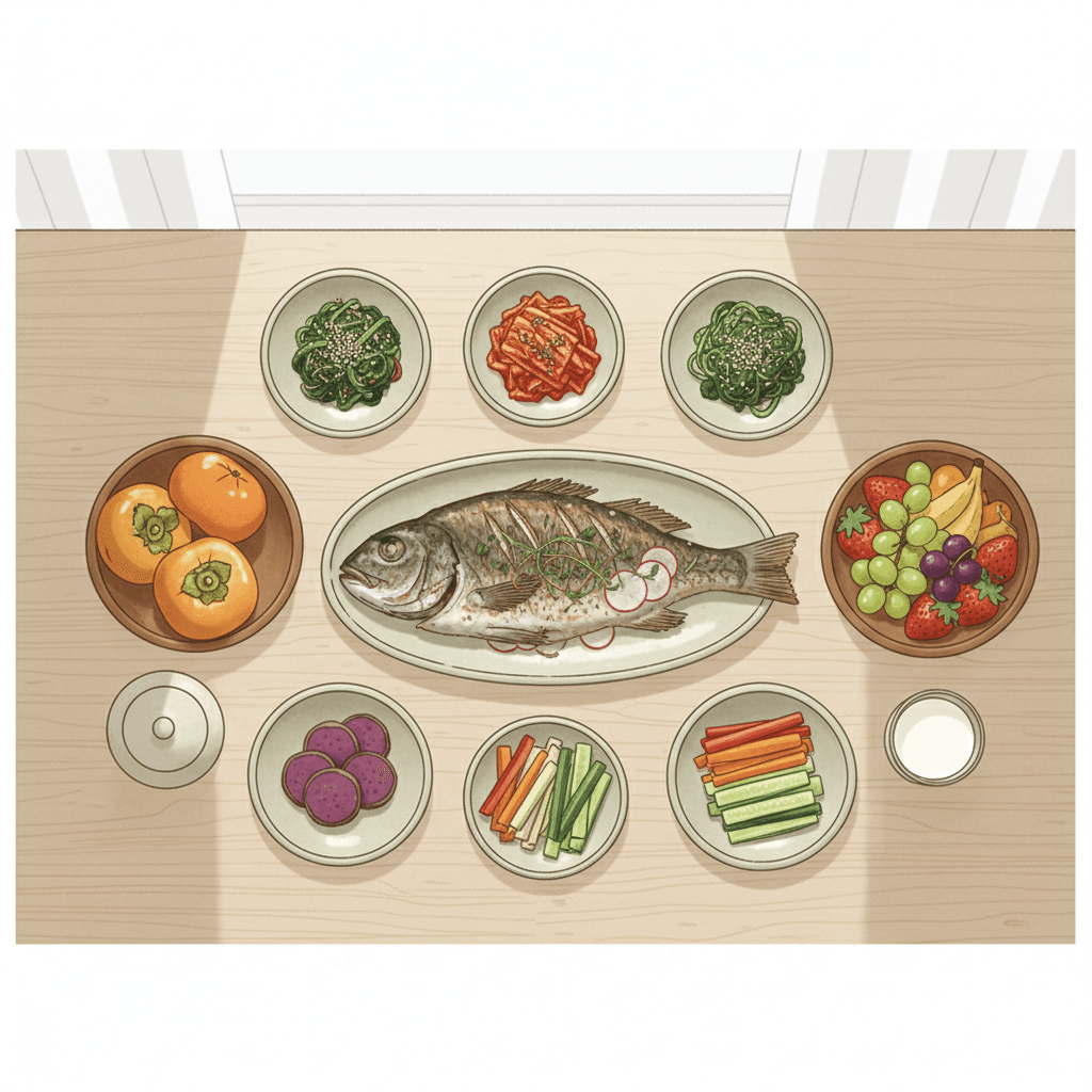 Lifestyle illustration showing a Korean table setting with fresh vegetables, low-sodium soy sauce, fresh fish, fruits, and dairy in a calm, informative style with soft colors