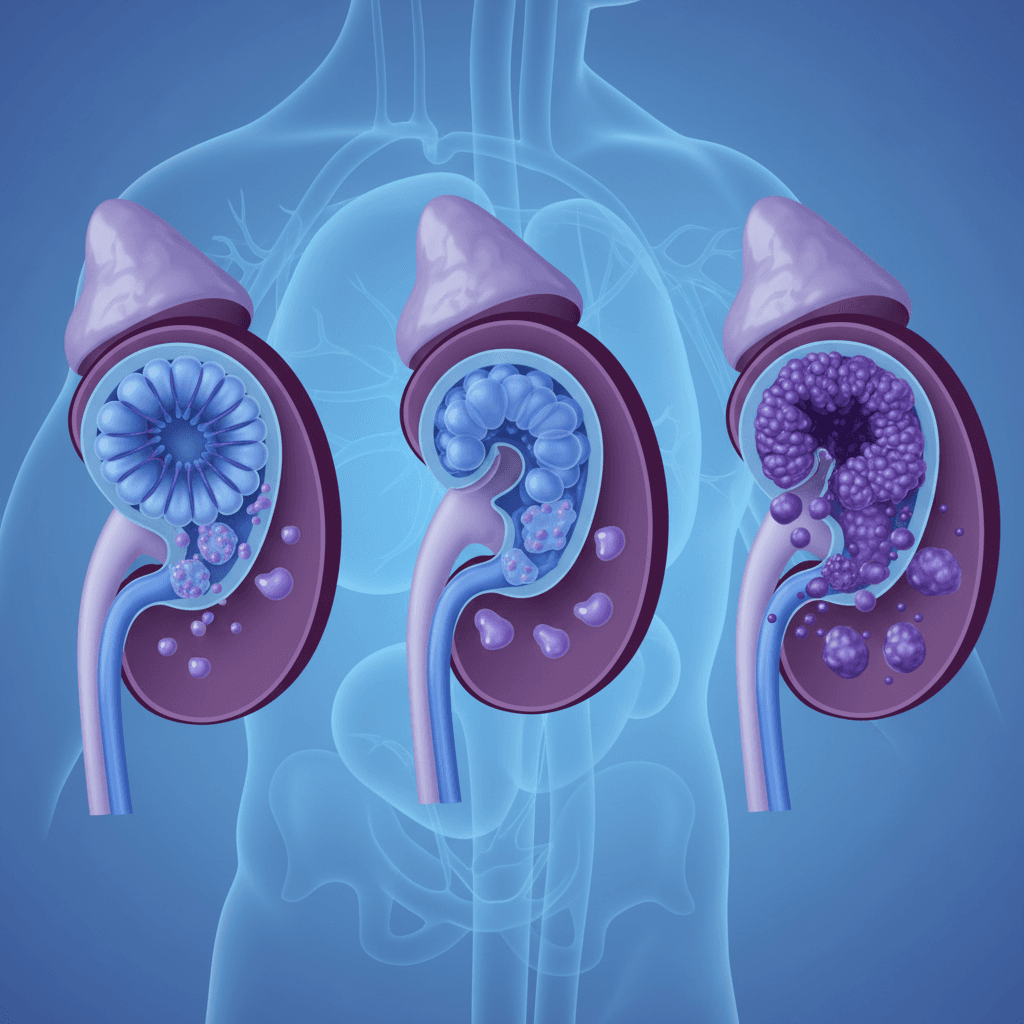 당뇨 미세혈관 합병증의 공통 기전을 설명하는 인포그래픽: AGEs 형성, 산화 스트레스, 폴리올 경로가 신장·눈·신경에 각각 어떻게 영향을 미치는지 화살표 다이어그램으로 표현