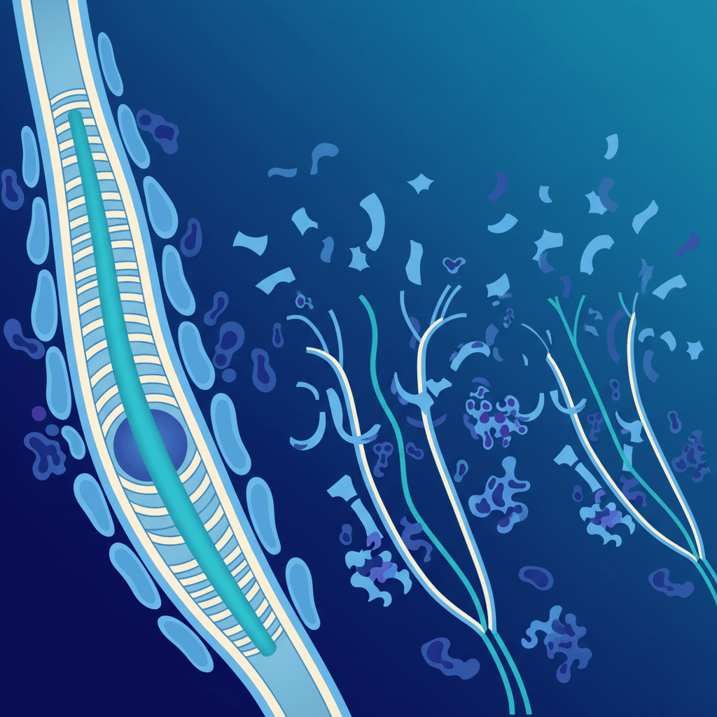 당뇨병성 신경병증의 스타킹-장갑형 분포 도식: 발끝에서 무릎, 손가락에서 팔꿈치까지 감각 이상이 퍼지는 패턴을 인체 실루엣에 표현