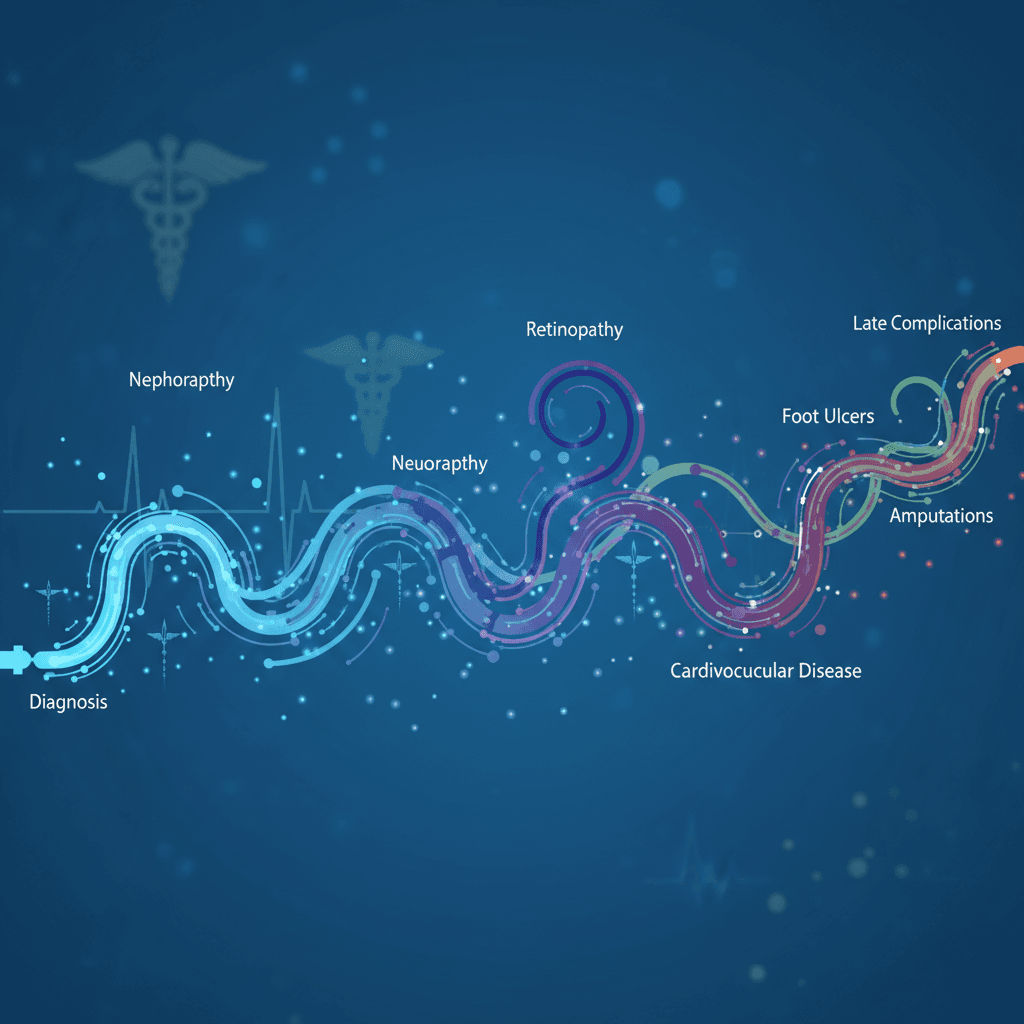 3대 미세혈관 합병증 모니터링 일정표: 진단 시점, 1년 후, 매년 반복 검사 항목(안저 촬영, ACR, eGFR, 신경전도 검사)을 표로 정리
