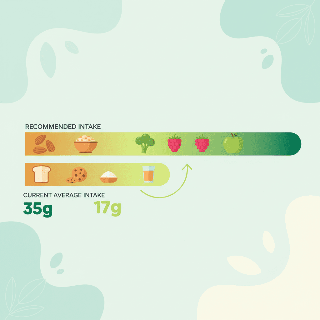 식이섬유 하루 권장 섭취량(35g)과 현재 평균 섭취량(17g)을 비교하는 인포그래픽