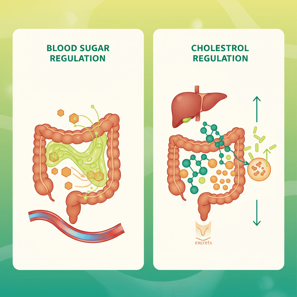 수용성 식이섬유의 혈당 조절 기전(젤 형성→포도당 흡수 지연)과 콜레스테롤 조절 기전(담즙산 결합→LDL 감소, SCFA 생성→간 합성 억제)을 나란히 보여주는 다이어그램