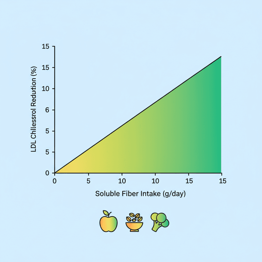수용성 식이섬유 섭취량별(5g, 10g, 15g/일 증가) LDL 감소 효과를 보여주는 용량-반응 그래프와 주요 메타분석 결과 요약 표