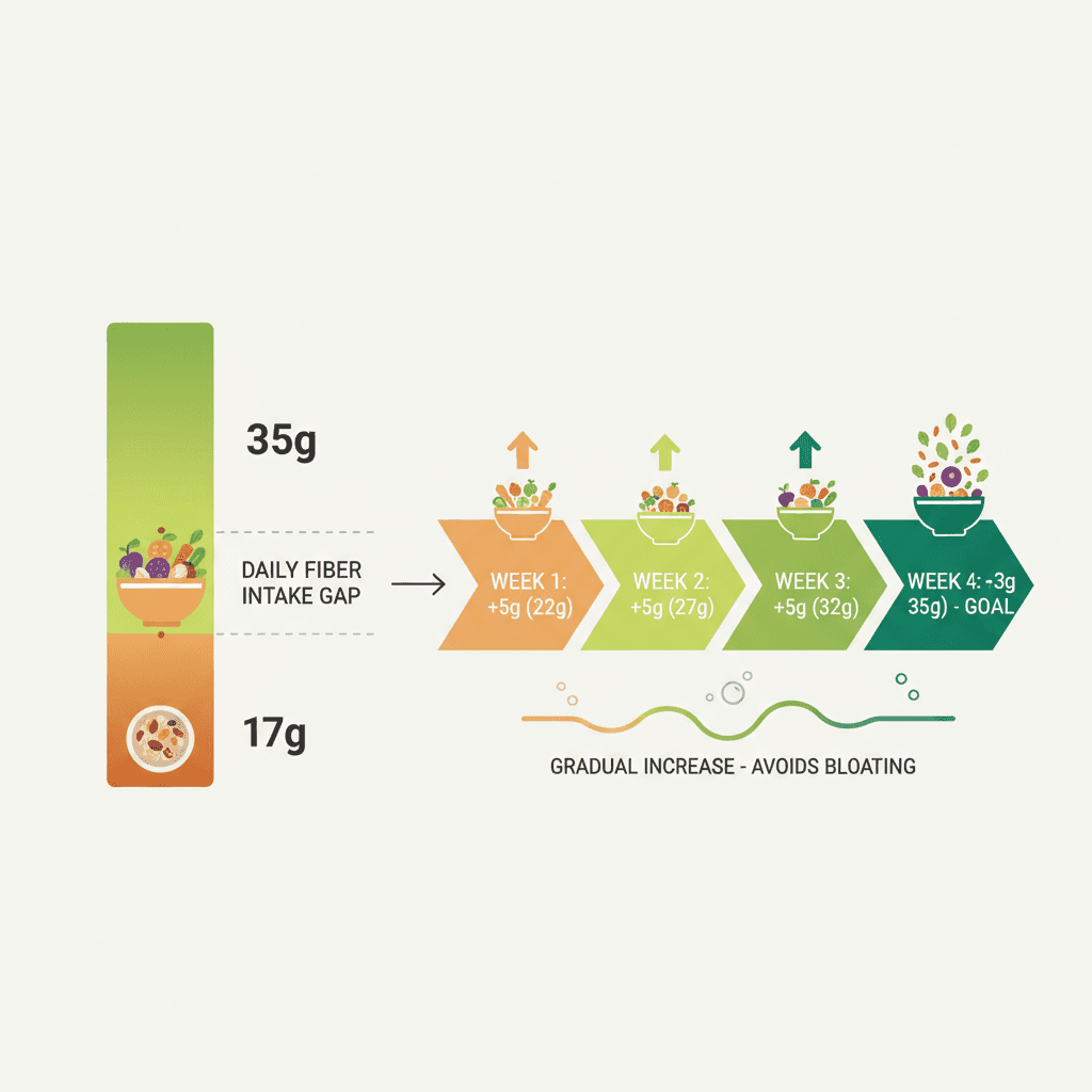 식이섬유 하루 권장 35g과 현재 평균 17g의 격차를 시각화하고, 팽만감 등 부작용 발생 가능성을 점진적 증량 시나리오와 함께 설명하는 인포그래픽