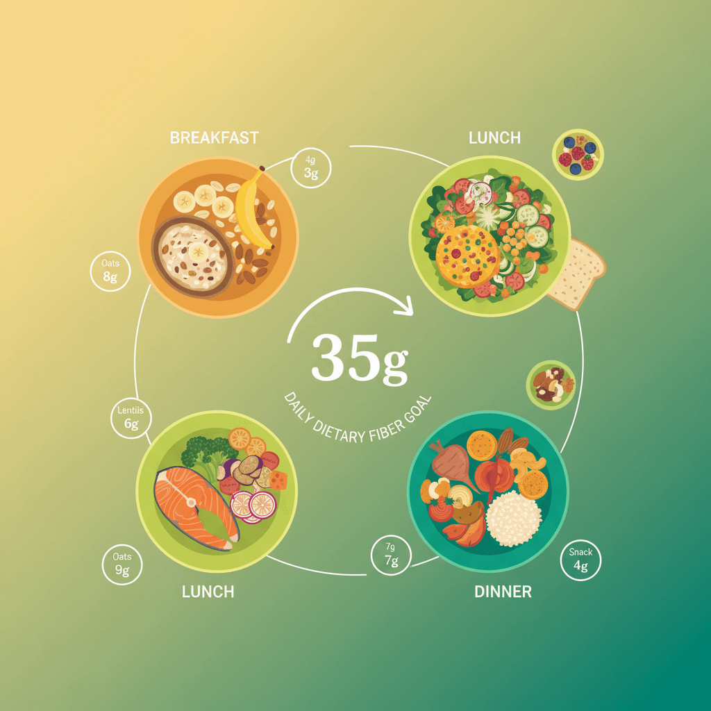 하루 식이섬유 35g 섭취 목표를 달성하기 위한 식품 조합 예시(아침·점심·저녁·간식별 권장 식품 목록과 각 식품의 섬유 함량)