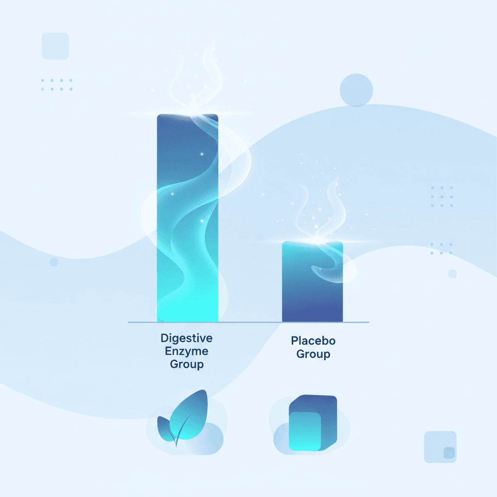 소화 효소 복합 보충제 RCT 결과 비교 막대 그래프, GSRS 점수 변화율 보충군 대 위약군 대조