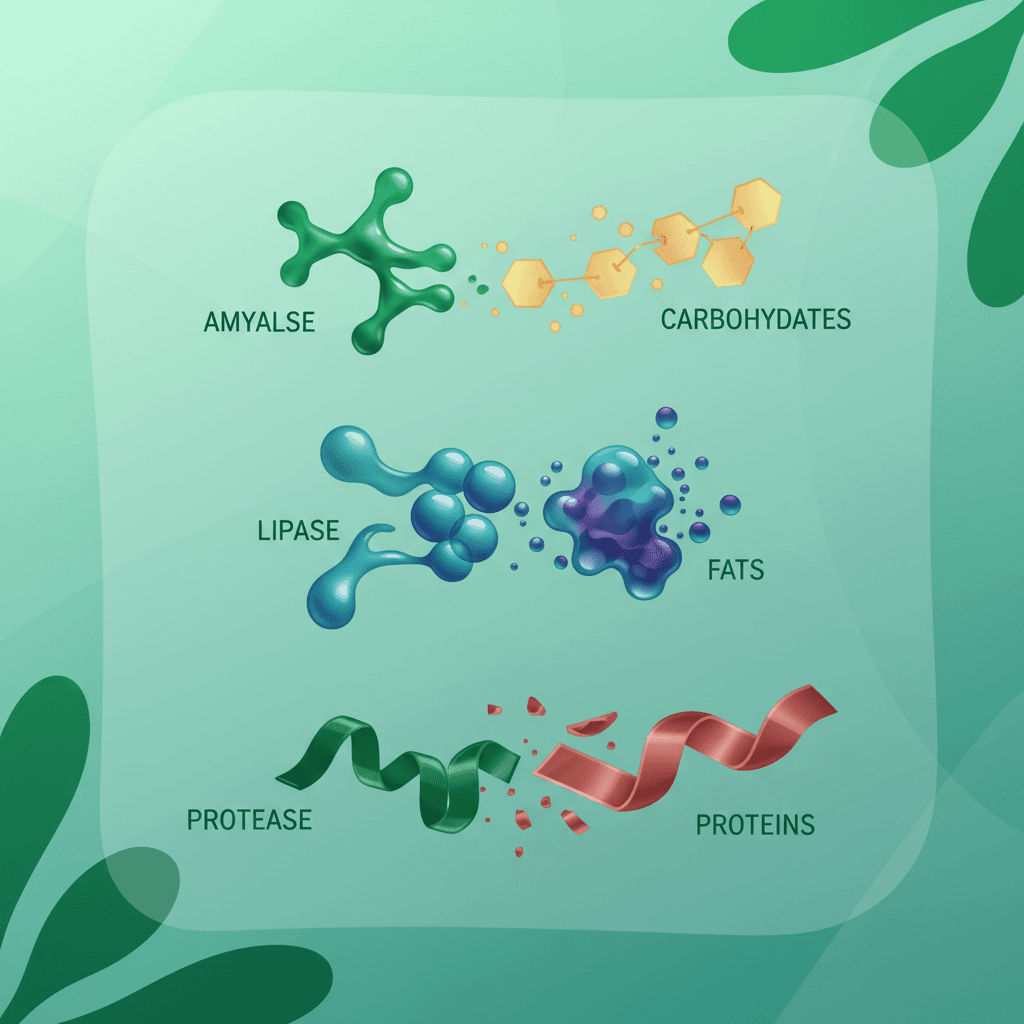 닥터블릿 소화 효소 복합 제품 성분 구성 인포그래픽, 아밀라아제·리파아제·프로테아제 역할 도식