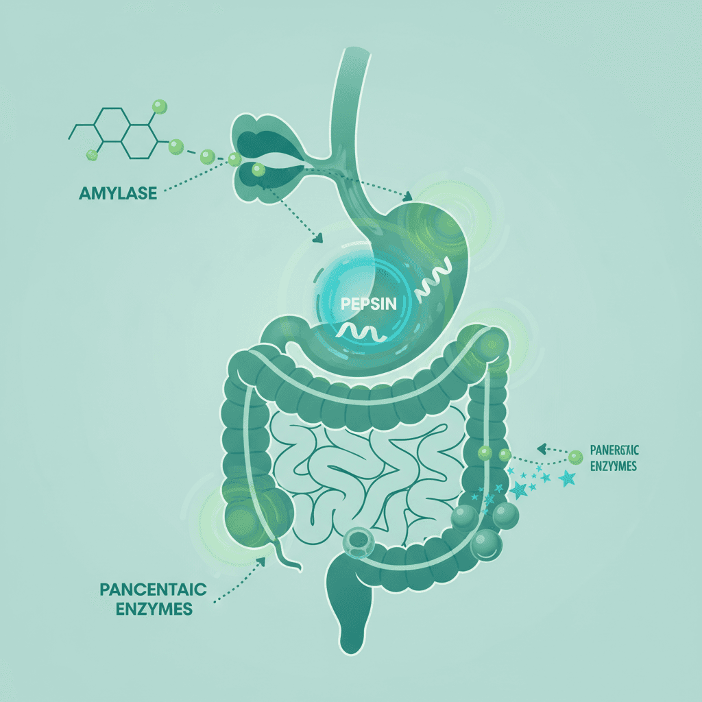 위장관 단면 일러스트. 구강, 위, 소장의 각 효소 작용 지점을 에메랄드 계열 색상으로 표시
