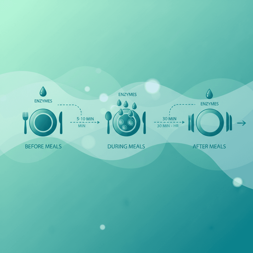 효소 성분별 권고 용량과 복용 타이밍 도표. 식사 전·중·후 타임라인을 인포그래픽으로 표현