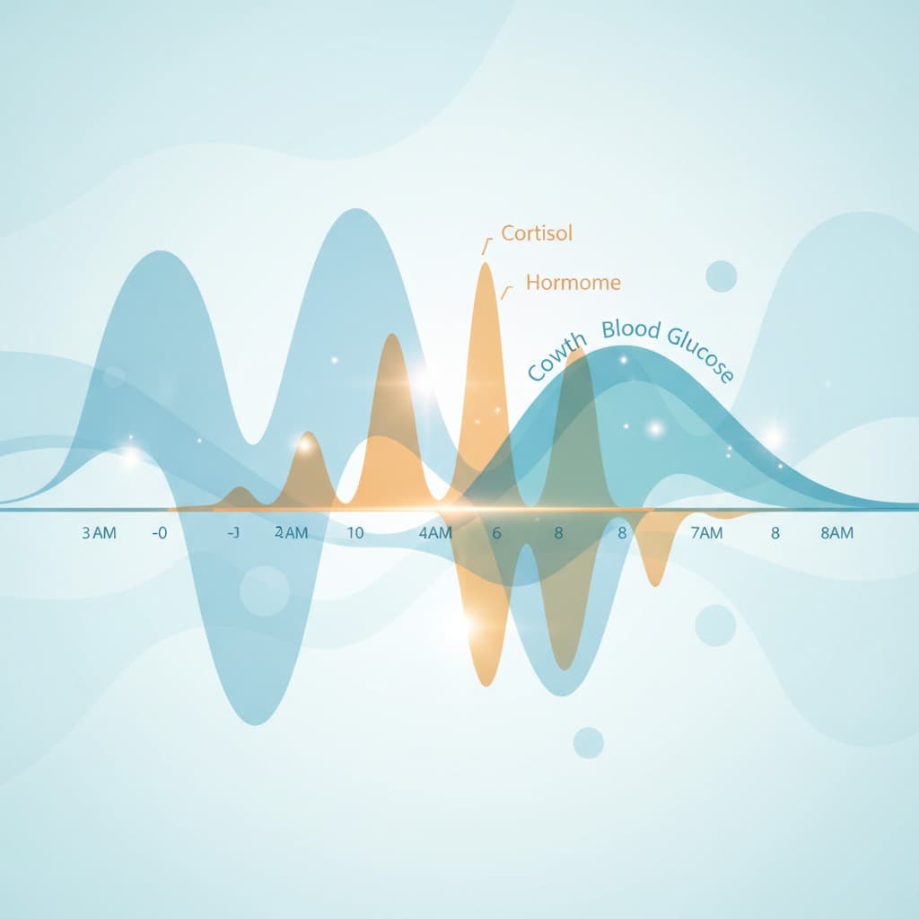 새벽 3시~8시 사이 성장호르몬·코르티솔 분비 곡선과 혈당 상승의 관계를 보여주는 시간축 그래프
