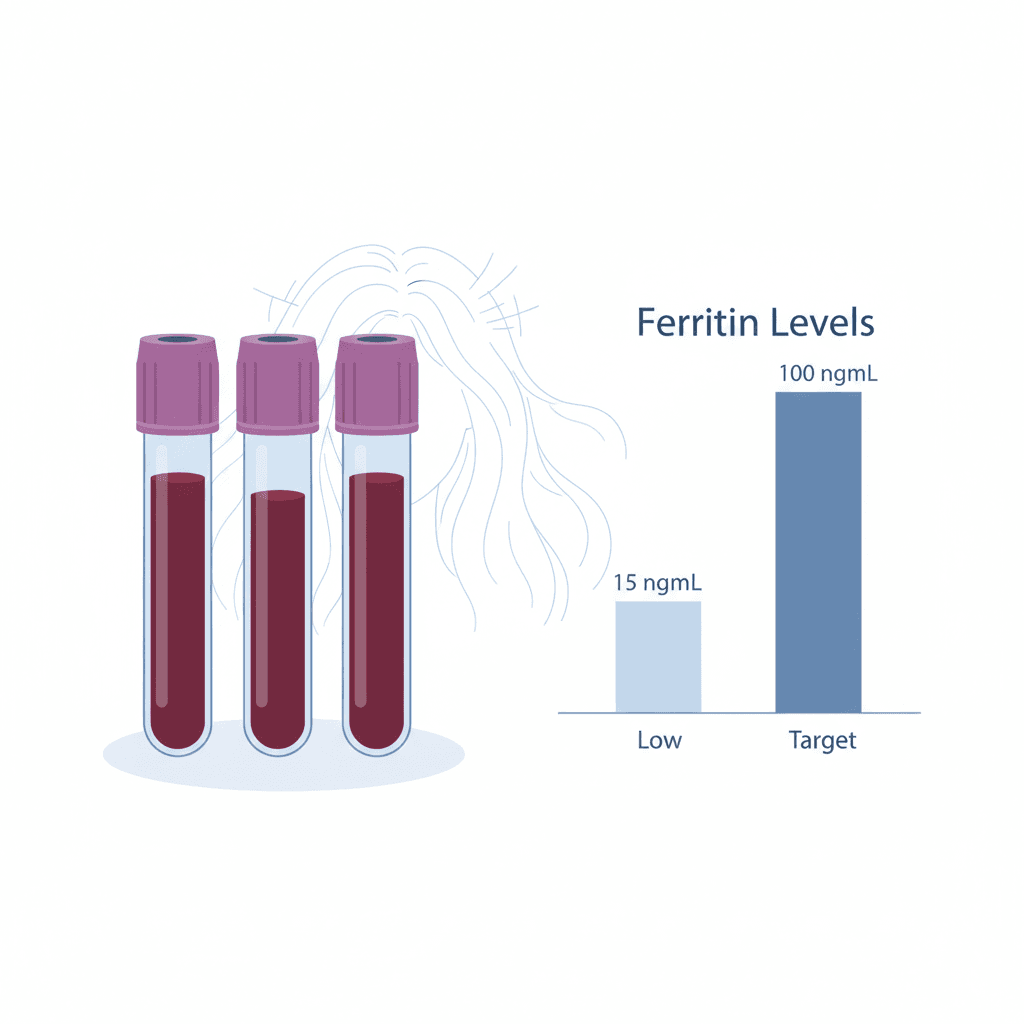 혈액 검사 튜브와 페리틴 수치 차트를 보여주는 의학 일러스트 — 여성 탈모와 철 결핍의 연관성