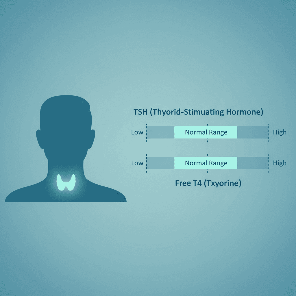 갑상선 위치와 TSH·T4 검사 정상 범위를 강조한 교육용 의학 일러스트