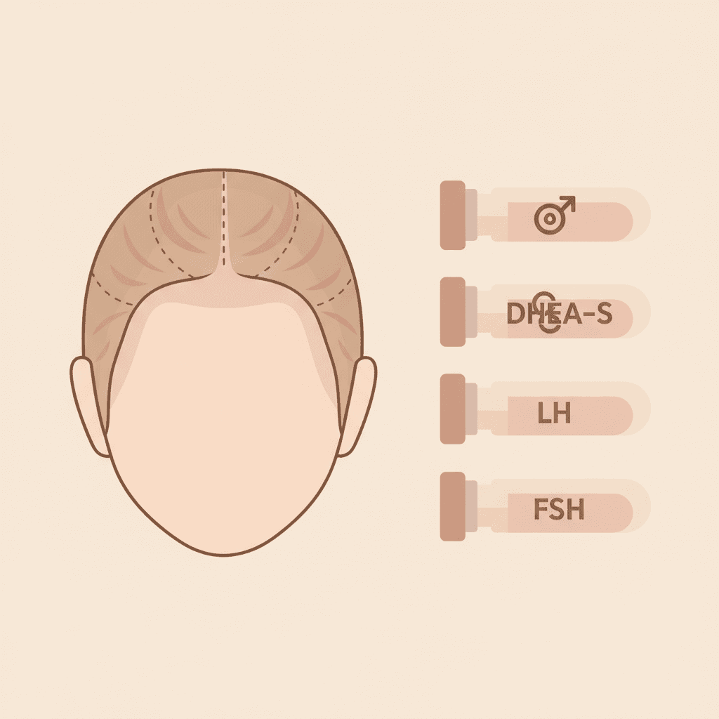 여성형 탈모 Ludwig 분류 패턴과 호르몬 패널 검사 항목 도식