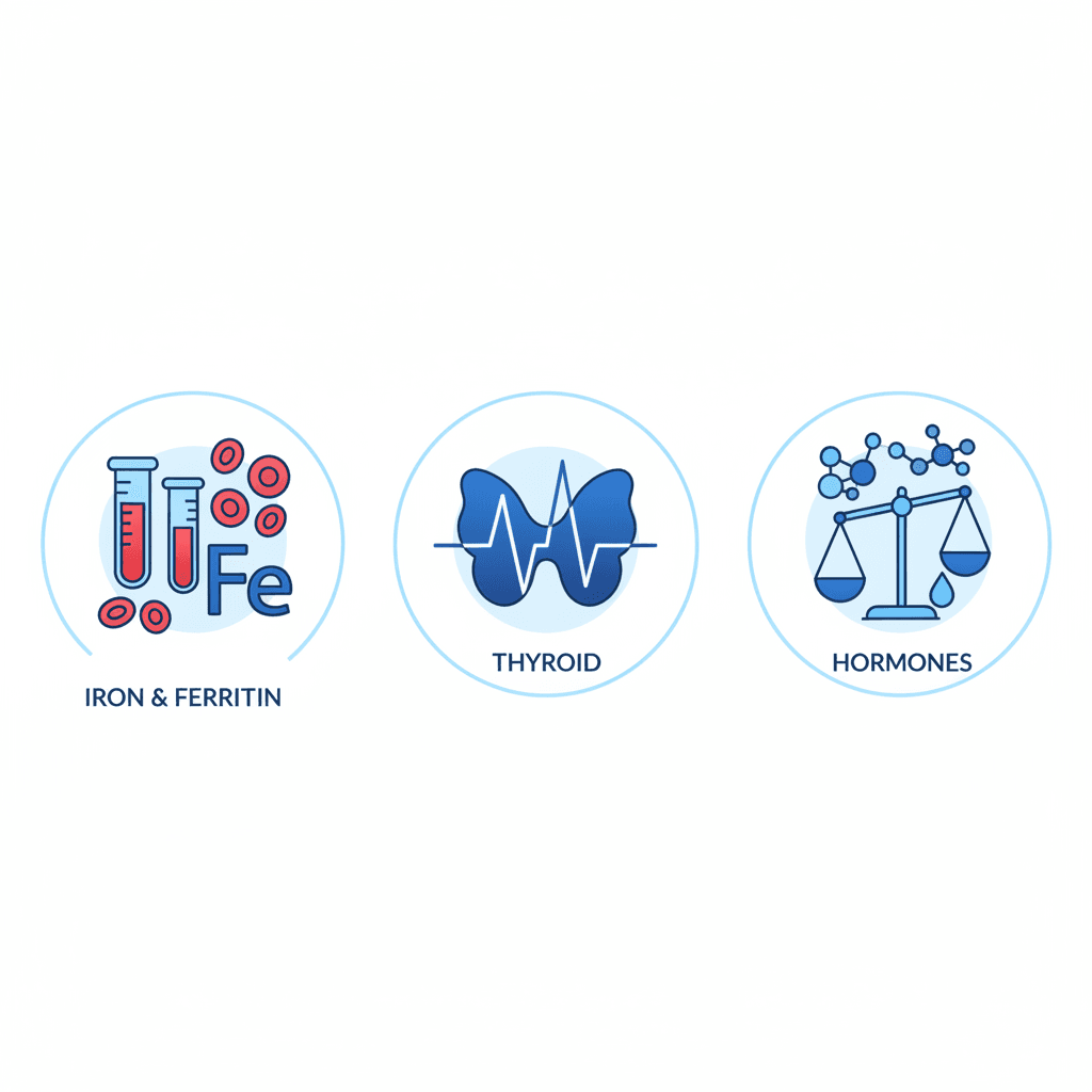 탈모 원인별 혈액 검사 항목 요약 인포그래픽 — 철 결핍·갑상선·호르몬 카테고리 구분