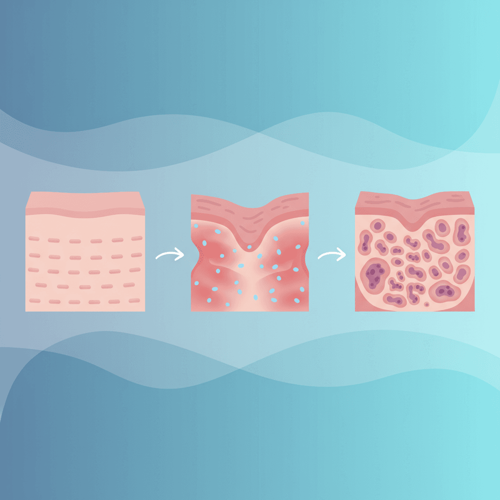 위암 전단계 코레아 계단식 변화 과정을 보여주는 위 점막 단면 의학 일러스트레이션