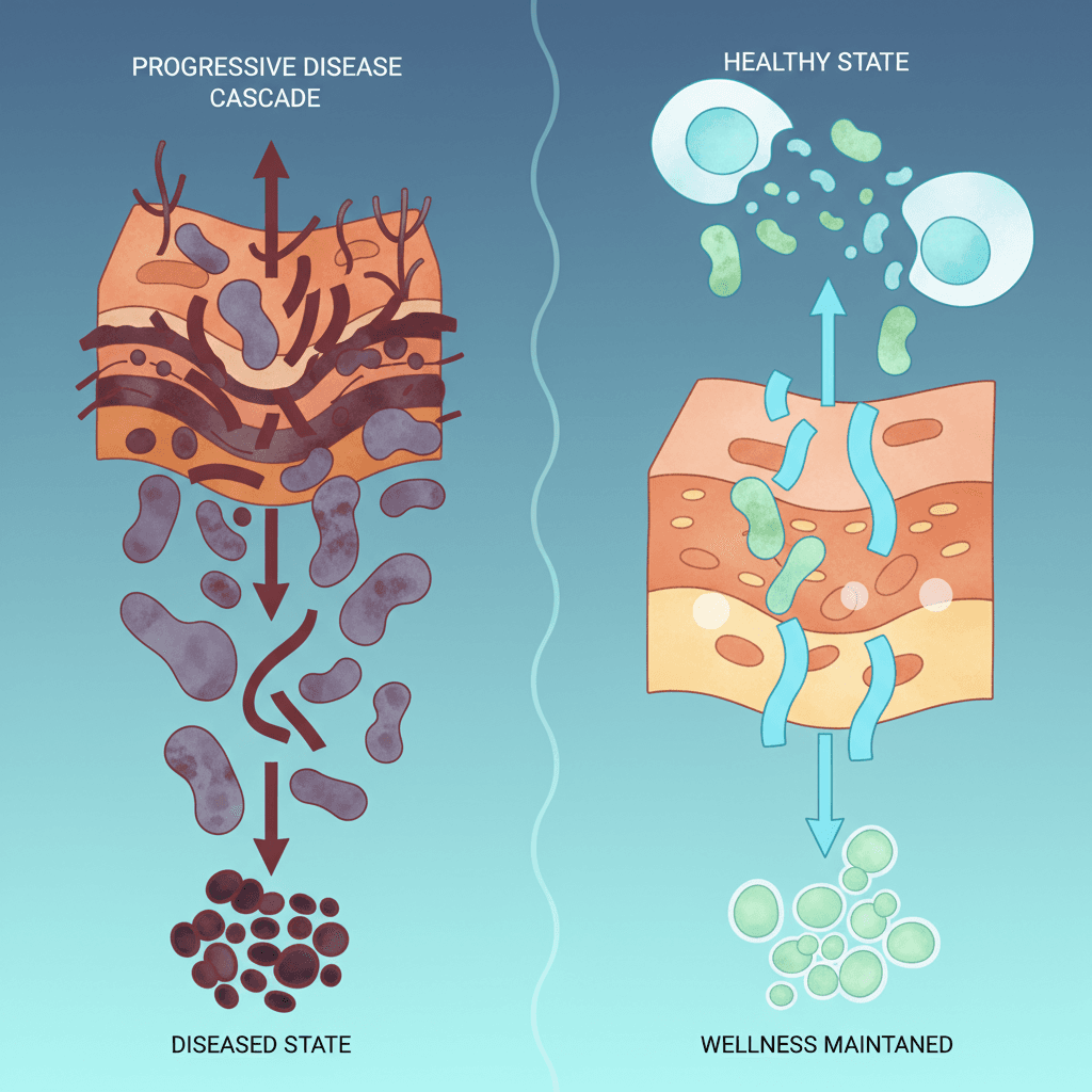 H. pylori 제균 치료를 통한 코레아 계단식 변화 억제를 보여주는 교육용 비교 도식