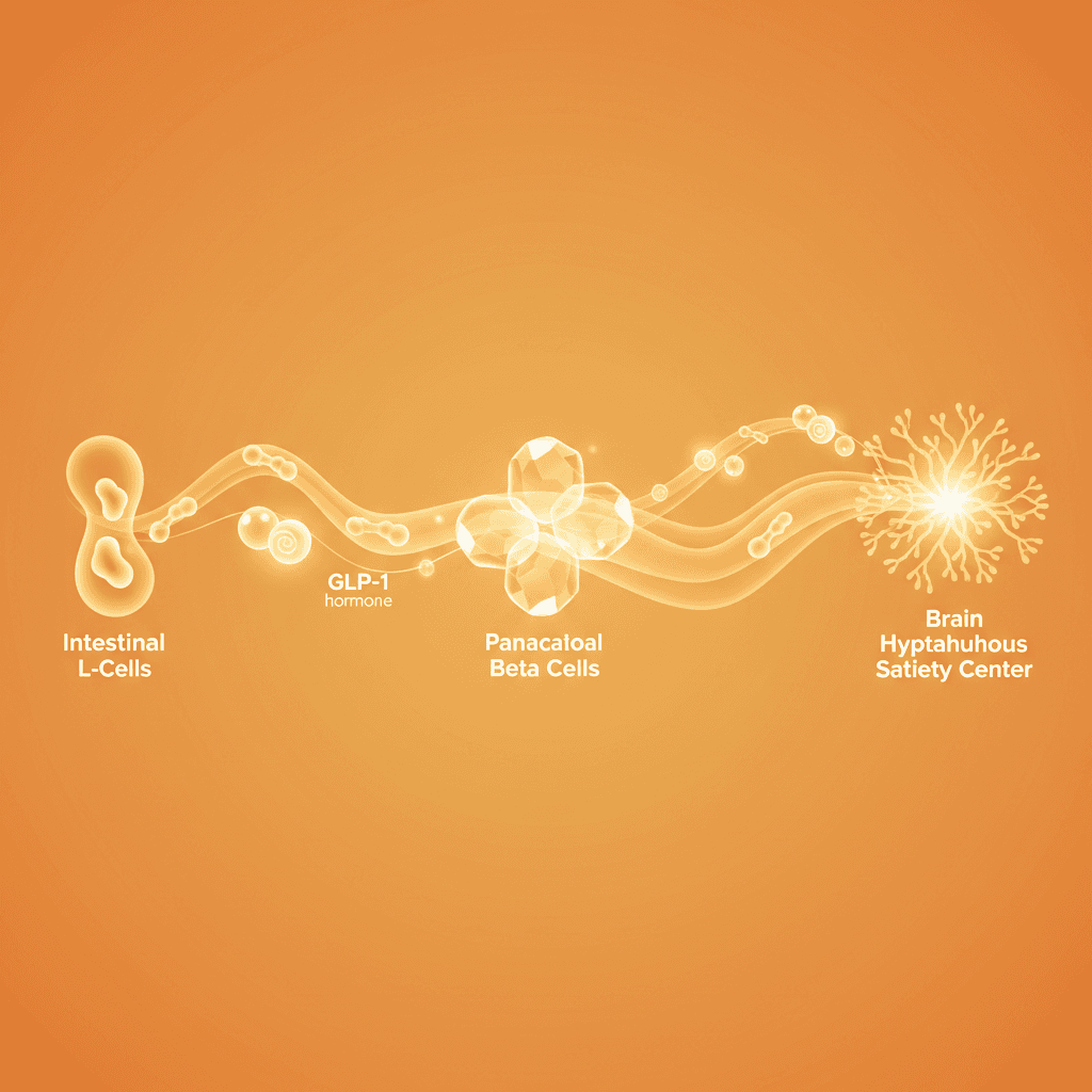 GLP-1 호르몬이 소장 L세포, 췌장 베타세포, 뇌 시상하부 포만 중추 사이에서 신호를 전달하는 경로 도식 일러스트