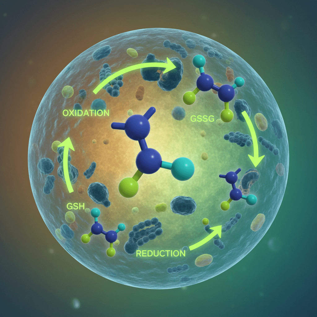 Clean 3D scientific illustration of glutathione tripeptide molecular structure with GSH-GSSG redox cycle diagram inside a cell, deep blue and teal color palette, no text overlay