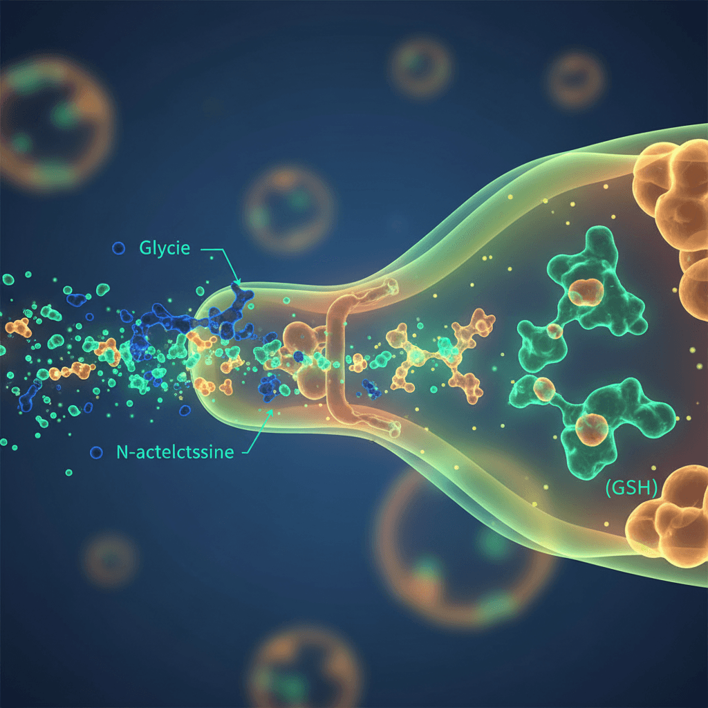 Abstract scientific illustration showing amino acid building blocks glycine and N-acetylcysteine flowing into cells to synthesize glutathione molecules, emerald and deep blue tones, no text