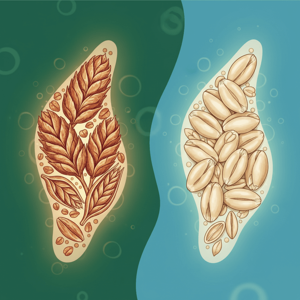 Side-by-side macro photograph of emmer wheat grains versus modern wheat grains, with labels showing protein and fiber content differences