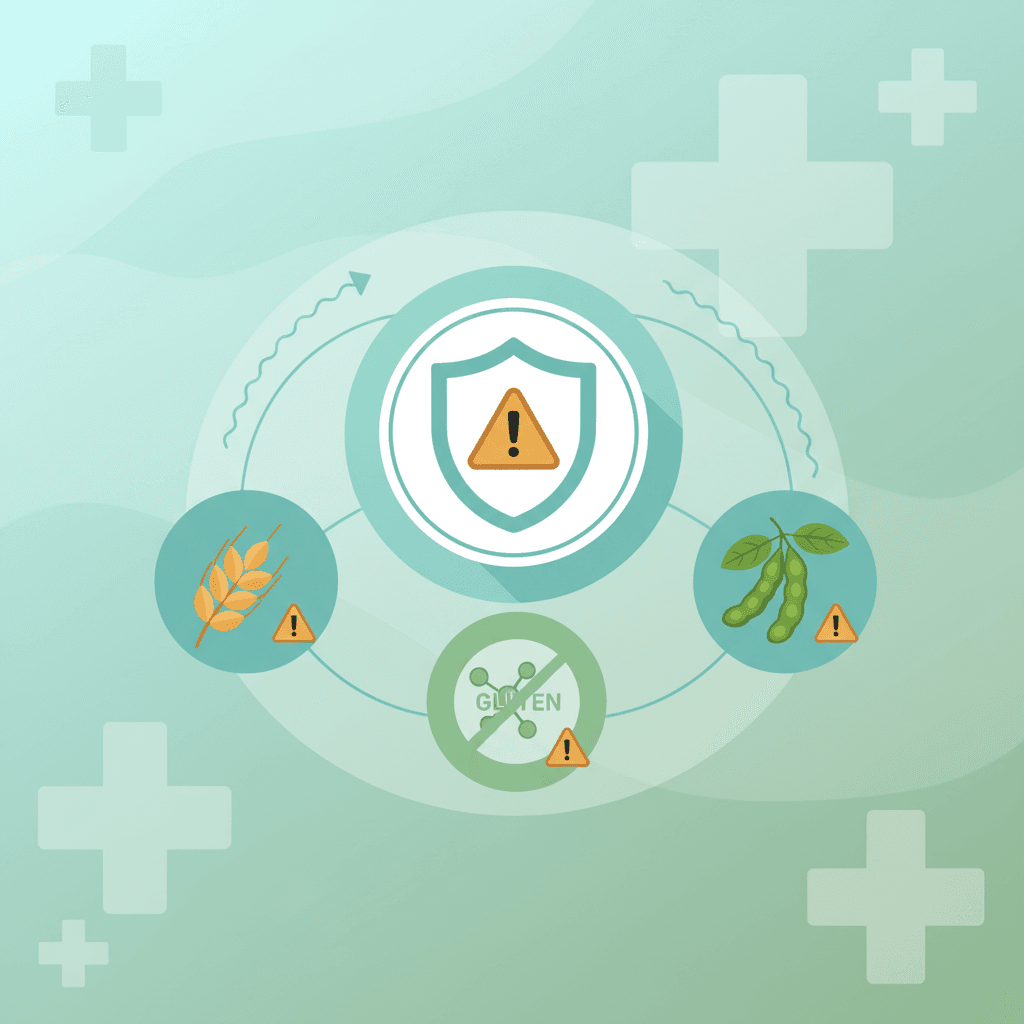 Informational graphic showing allergen warning symbols for wheat gluten and soy, with celiac disease and soy allergy icons, clinical consultation recommended note