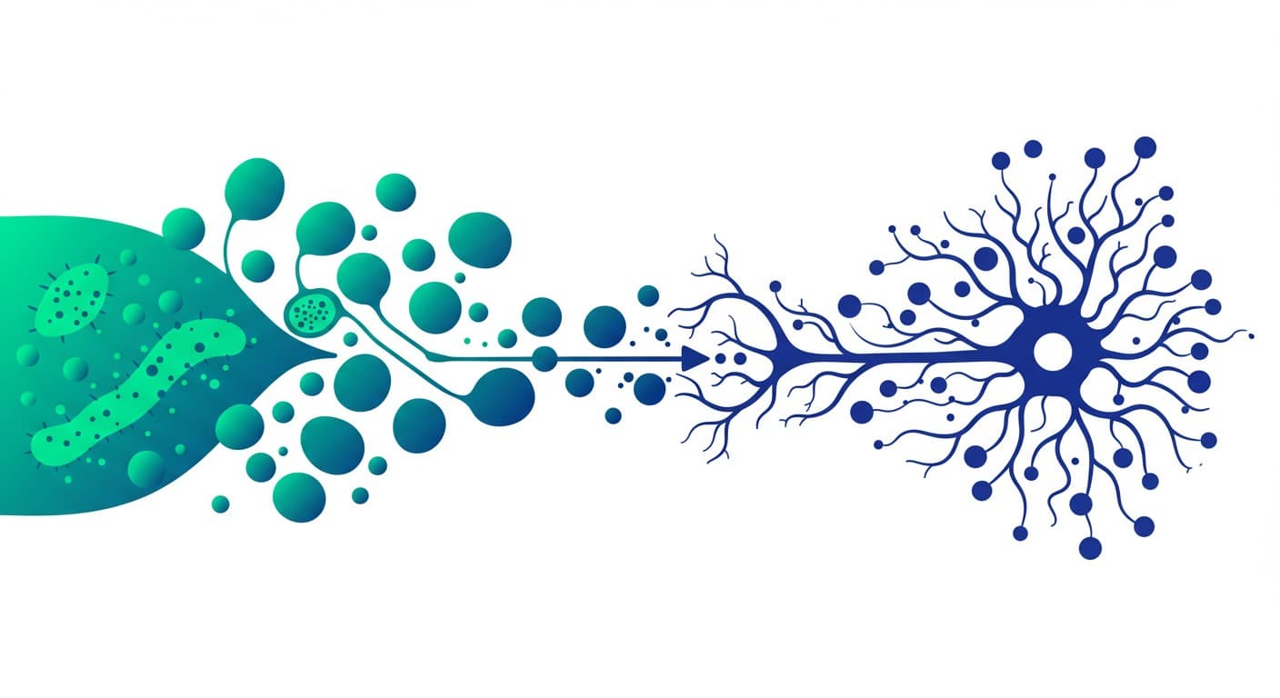 장-뇌 축의 네 가지 소통 경로를 도식화한 인포그래픽. 장신경계와 중추신경계가 미주신경, HPA 축, 신경전달물질, 면역 경로로 연결된 구조. 화살표는 양방향으로 표시.