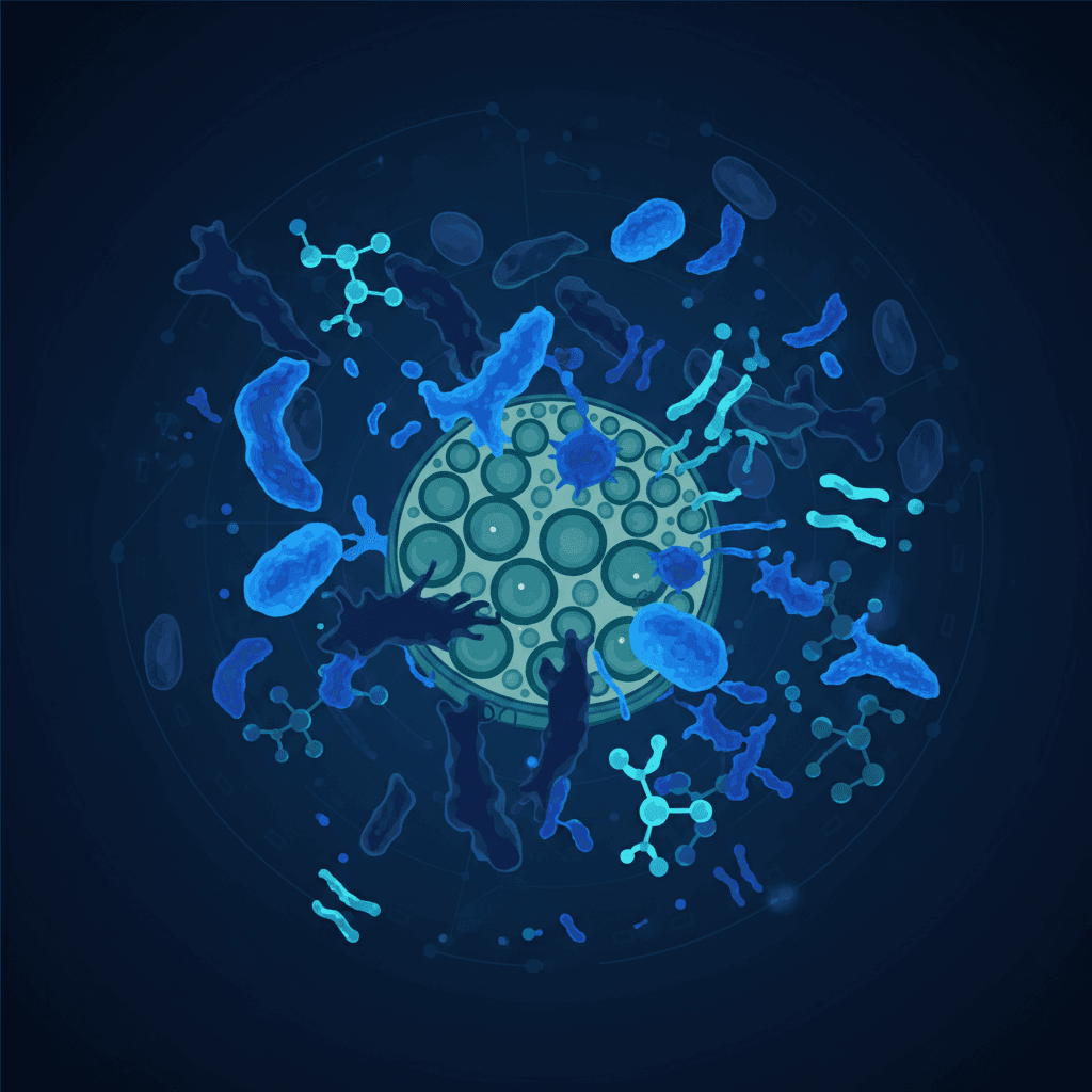 하시모토 갑상선염 자가면역 기전 개요도 — 갑상선 조직과 면역세포의 상호작용을 보여주는 다이어그램