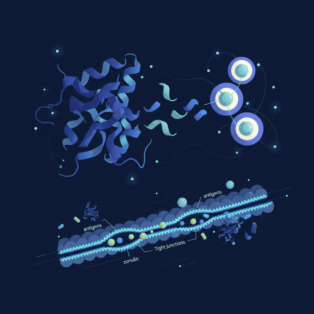 글루텐과 갑상선 항원의 분자 유사성 및 장 투과성 경로를 나타내는 개념도