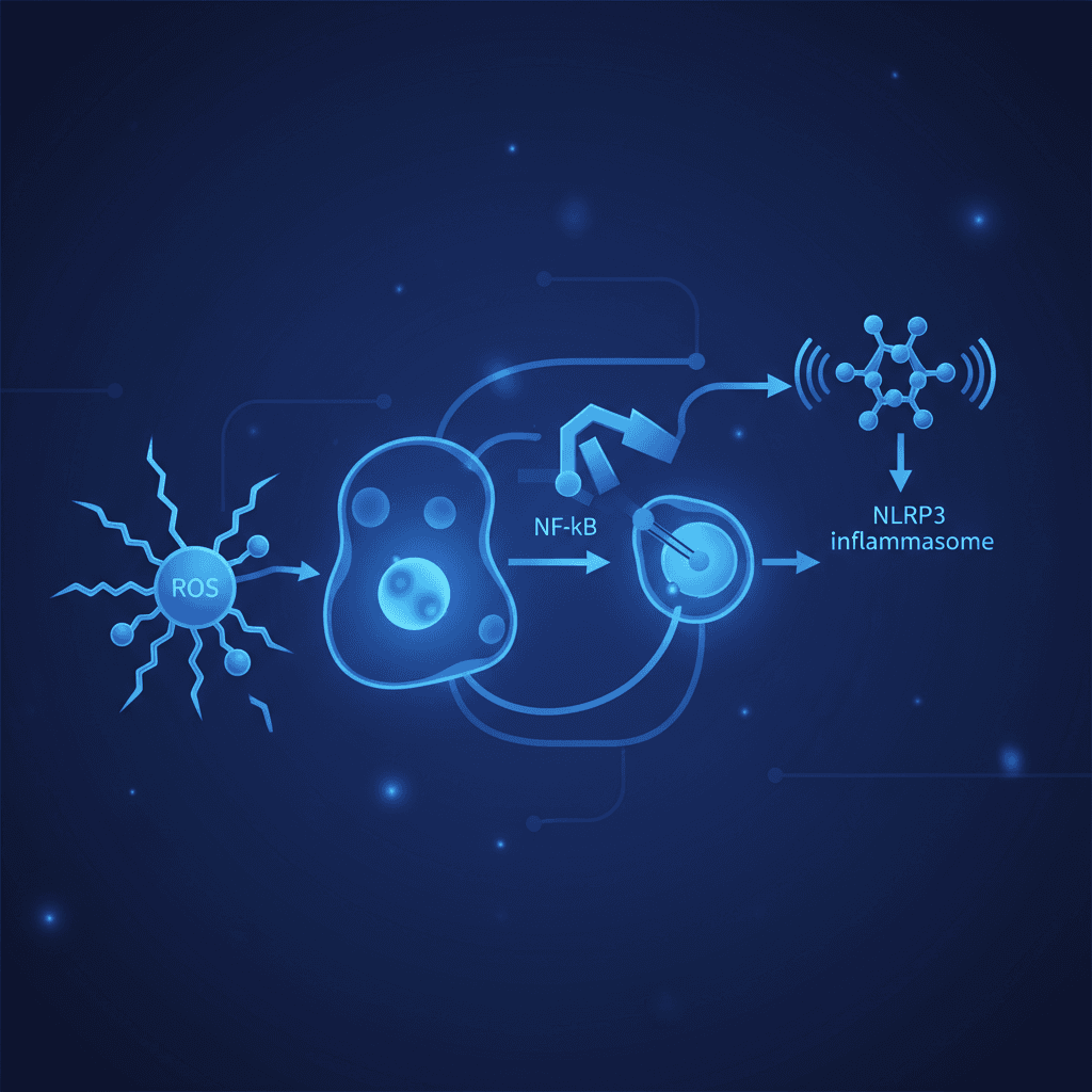 과잉 요오드의 세포 손상 경로, ROS-NF-κB-NLRP3 염증소체 활성화 개요도
