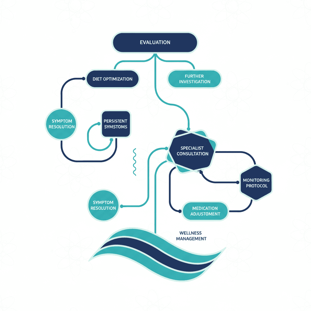 하시모토 갑상선염 식단 의사결정 흐름도 - 셀리악병 검사, 요오드 수준 평가, 셀레늄 상태 확인을 포함하는 단계적 접근