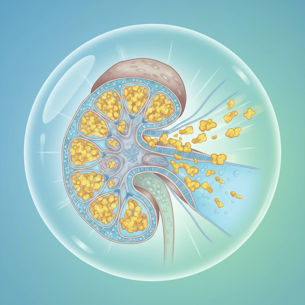사구체 여과 과정과 고단백 식이 시 과여과 기전을 보여주는 신장 단면 다이어그램
