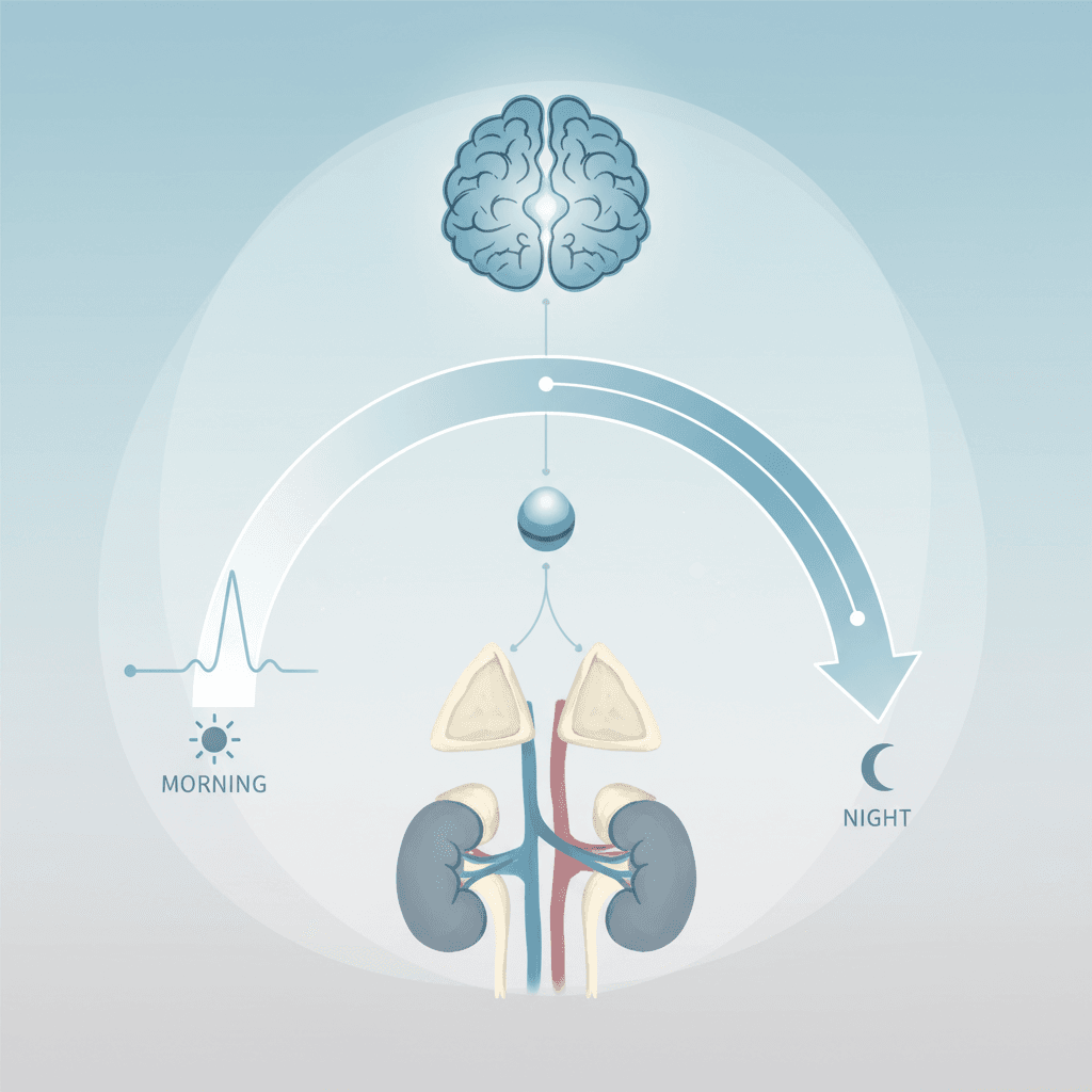 HPA 축 코티솔 분비 메커니즘과 일주기 리듬을 보여주는 다이어그램