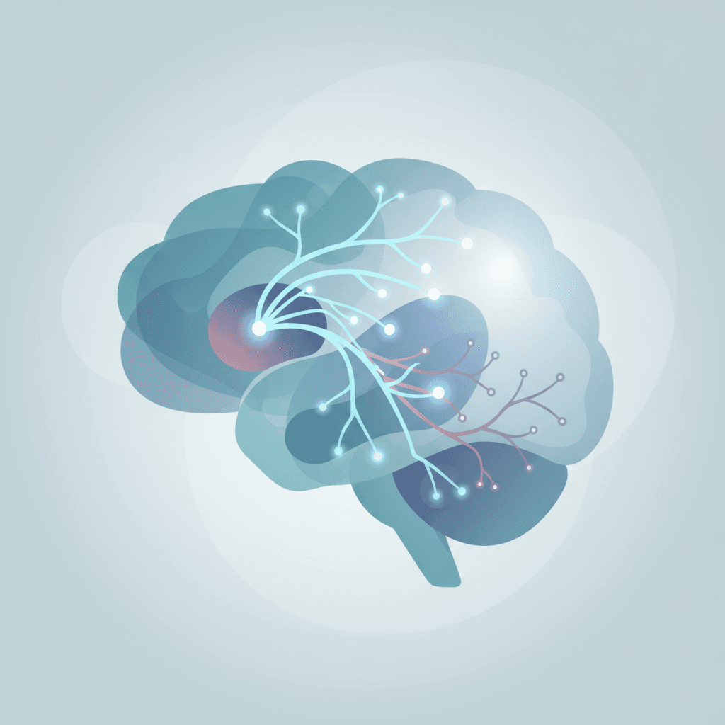 마음챙김 명상이 편도체-전전두엽 조절 경로에 미치는 효과를 나타낸 뇌 구조 일러스트