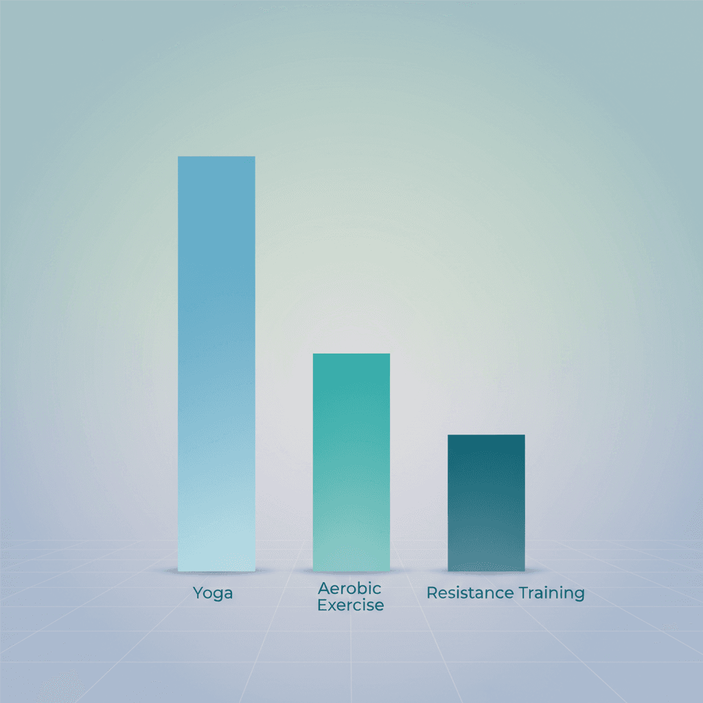 운동 종류별 코티솔 감소 효과 크기를 비교한 막대 그래프 (요가, 유산소, 저항 운동)