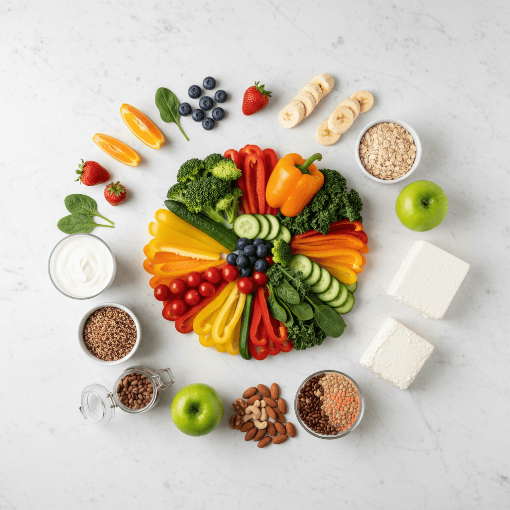 건강한 식재료(채소, 과일, 통곡물, 저지방 유제품, 견과류)가 담긴 식탁을 위에서 내려다보는 구도의 밝고 차분한 사진