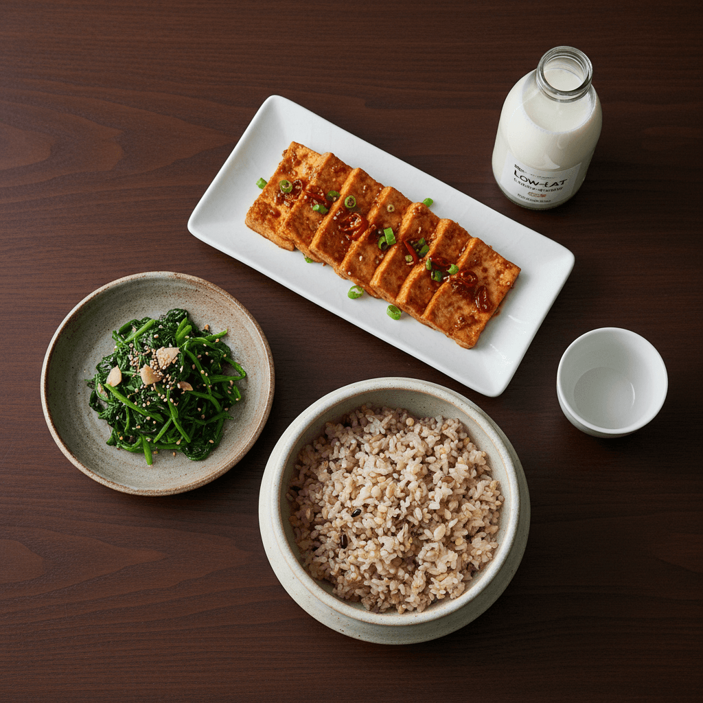 잡곡밥, 시금치나물, 두부조림, 저지방 우유가 놓인 한식 상차림을 위에서 촬영한 밝고 정돈된 사진